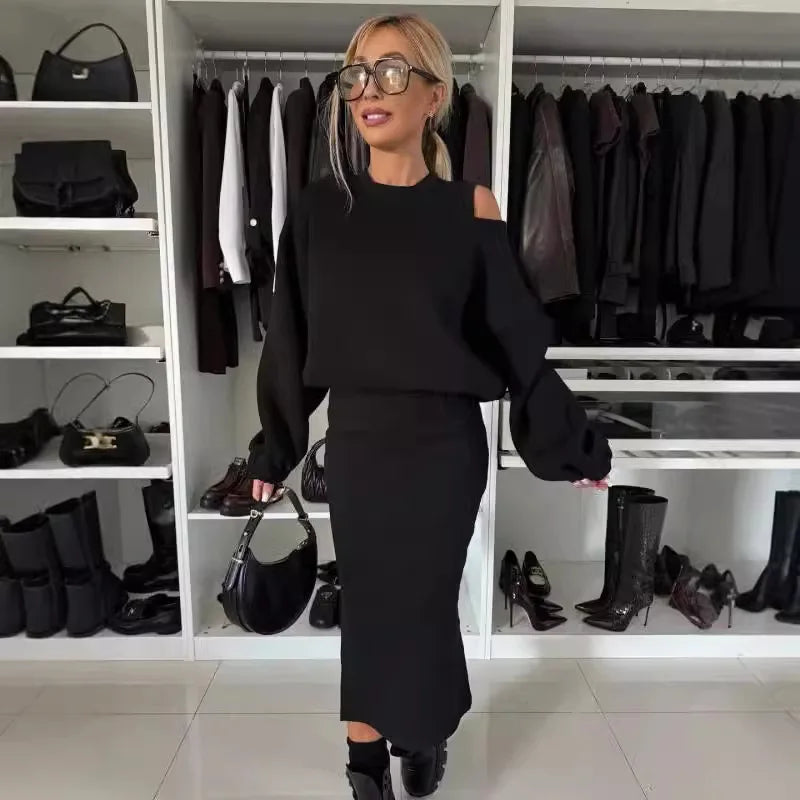 Ensemble Deux pièce- Robe Mi-longue & Sweat Ample à Manches Lanternes