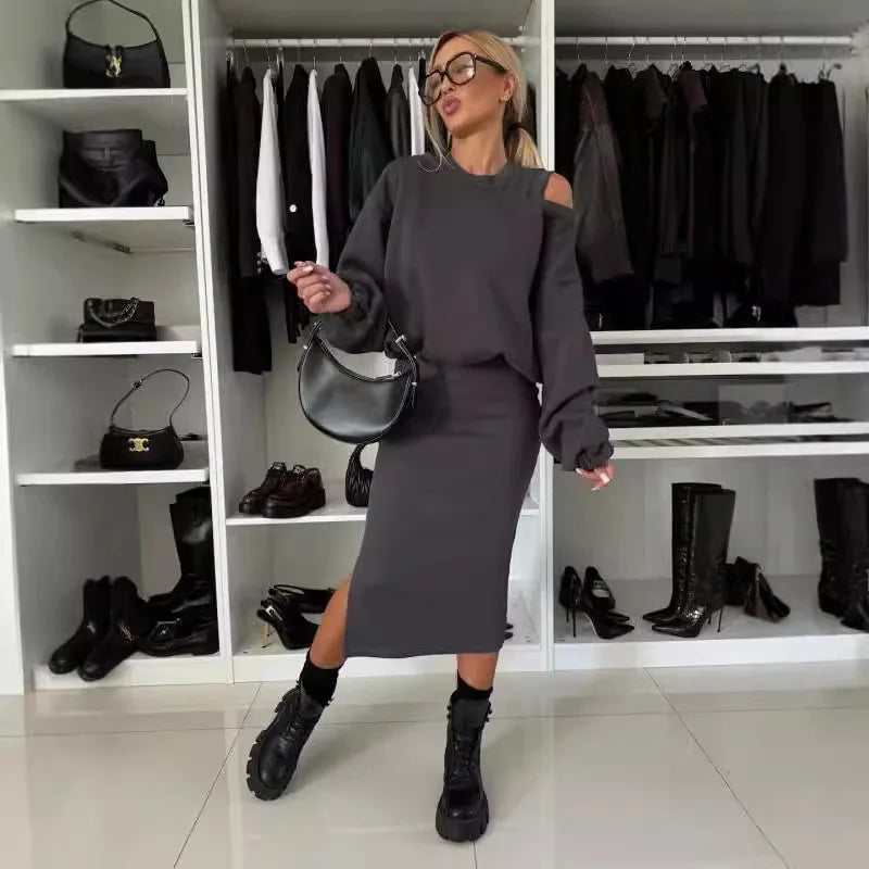 Ensemble Deux pièce- Robe Mi-longue & Sweat Ample à Manches Lanternes