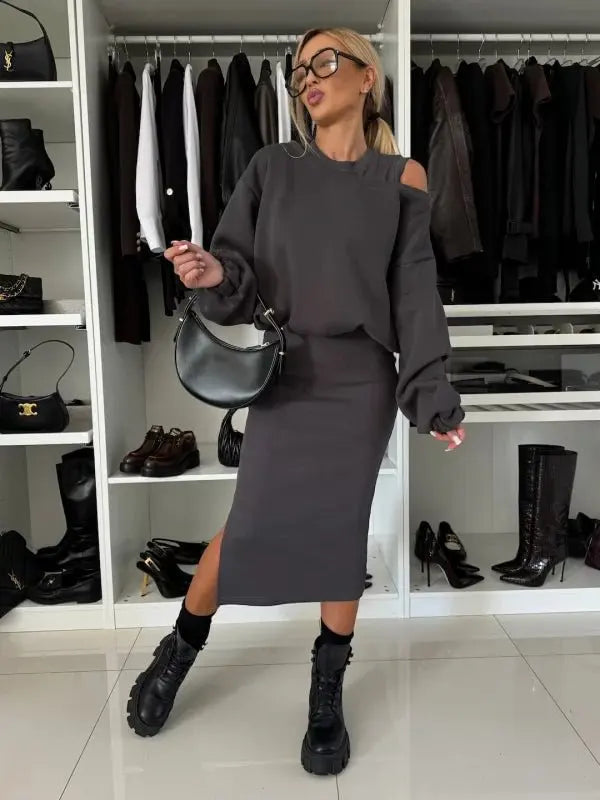 Ensemble Deux pièce- Robe Mi-longue & Sweat Ample à Manches Lanternes