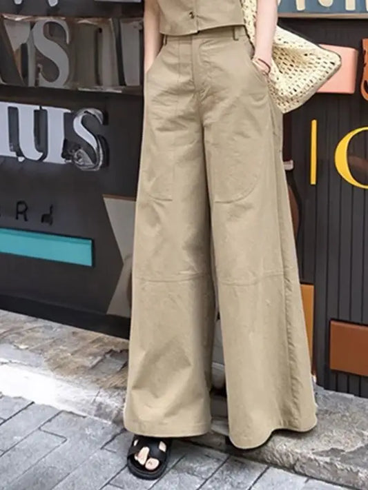 Ensemble Casual Chic & Vintage – Gilet Sans Manches et Pantalon Large Kaki