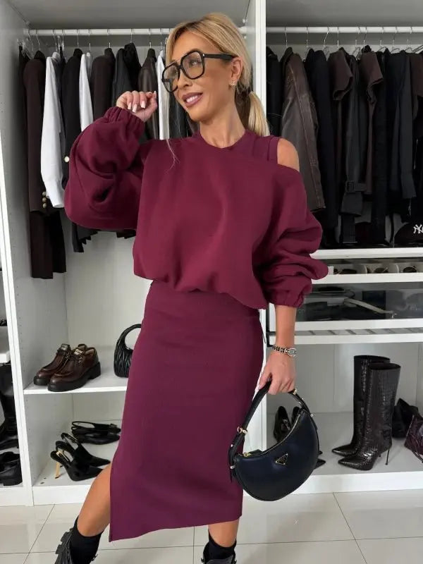 Ensemble Deux pièce- Robe Mi-longue & Sweat Ample à Manches Lanternes